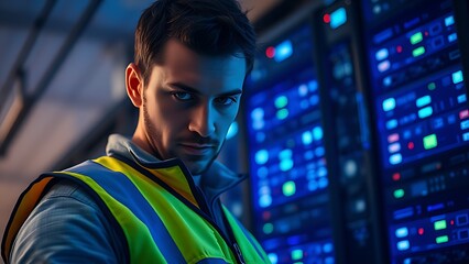 A focused individual in a tech vest, standing against a backdrop of glowing server racks.