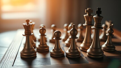 Chess pieces arranged strategically on a wooden board, highlighted by warm directional lighting.