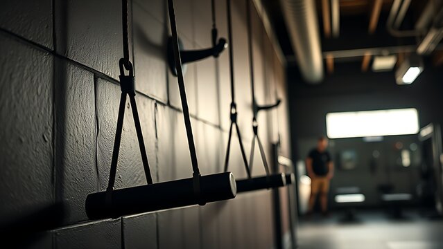 Suspension training band anchored to a gym wall, showing dynamic tension with dramatic lighting.