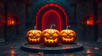 Gothic Halloween Scene | Glowing Jack-o'-Lanterns, Castle Interior and Red Torchlight