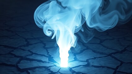 A ghostly translucent plume of smoke rising from cracked earth, illuminated by ethereal blue light.