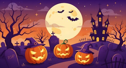 Fototapeta premium Spooky Halloween Night Landscape with Jack-o'-Lanterns and Full Moon | Haunted Castle and Graveyard Banner
