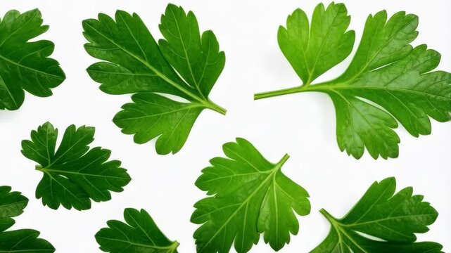 Fresh green parsley leaves arranged on a white background, close-up view from above for cooking or culinary use.
