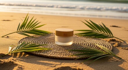 Natural Skincare Product Displayed on Beach with Palm Fronds and Golden Sunlight.
