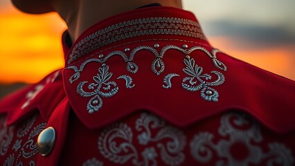 Embroidered charro jacket collar with silver details, showcasing rich red fabric and cultural elegance.