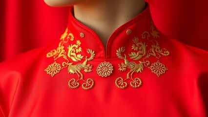 Intricate ao dai collar embroidered with national motifs, a tribute to Vietnam's elegant cultural heritage.