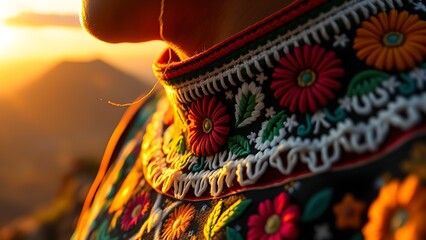 Embroidered huipil collar with floral patterns, highlighting Guatemalan textile artistry.