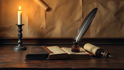 Vintage desk setup with a feather quill and inkwell on aged parchment.