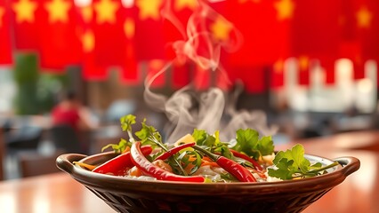 Traditional pho with fresh herbs and chili is artfully arranged on a lacquered tray, steam rising against red flags.