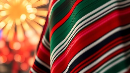 Traditional serape poncho with bold red, green, and white stripes, soft bokeh lights resembling fireworks in the background.