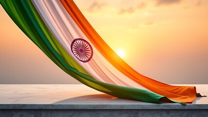A saffron, white, and green silk flag draped elegantly, illuminated by golden sun rays for Independence Day.