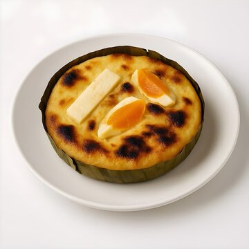 Authentic Filipino Bibingka, a Baked Coconut Rice Cake Topped with Slices of Salted Egg and Cheese, Traditionally Served in a Banana Leaf Liner on a White Plate