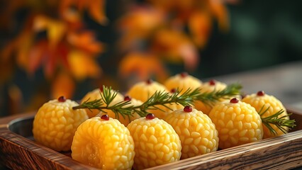Traditional Korean rice cakes arranged on a wooden tray with pine needles, evoking autumn harvest celebrations.