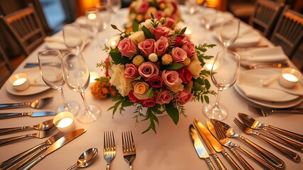 Elegant wedding buffet table with floral centerpiece and polished silverware in warm ambient lighting.
