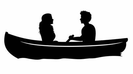 Silhouette of a couple in a canoe with one person rowing on a body of water in black and white style