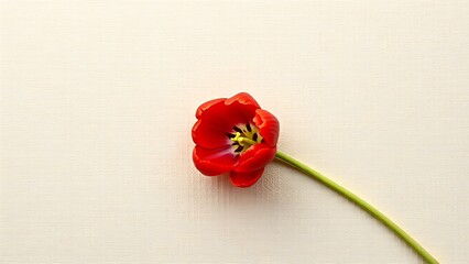 A lone red tulip rests on a textured beige surface, captured from a minimalist top-down perspective.
