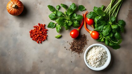 Asian ingredients arranged on a stone surface, showcasing fresh herbs and spices with vibrant colors.
