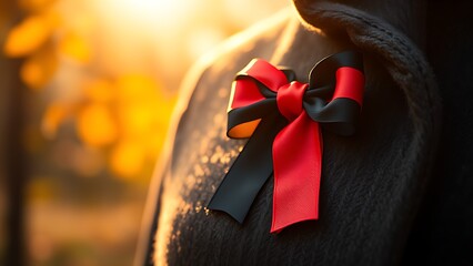 Black-red-gold ribbon on wool coat, autumn leaves in soft focus, bathed in warm morning light.