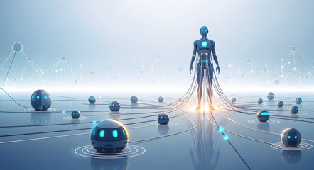 Concept of a central superintelligence. Humanoid AI robot acts as a mainframe, controlling a network of subsidiary bots. Artificial super intelligence.