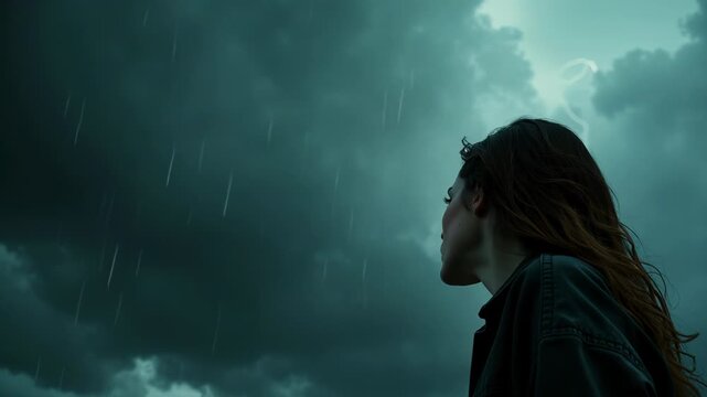 Young woman reacts to strong wind and flashing lightning during a thunderstorm at dusk