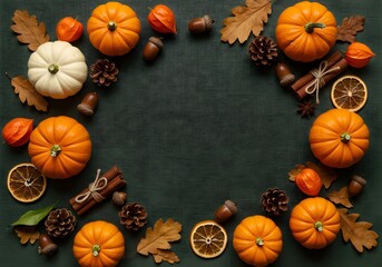 Autumn Border Frame | Pumpkins, Cinnamon, Pinecones and Dried Orange on Dark Green Background