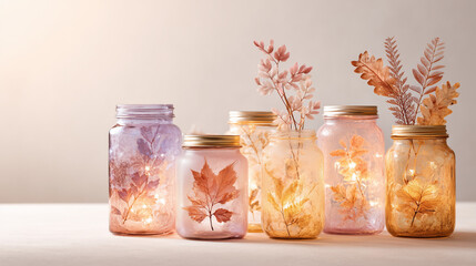 Warm and inviting autumn decor featuring glowing mason jars filled with delicate fall leaves and fairy lights creating a cozy ambiance