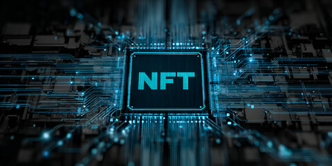 Futuristic nft chip glowing on high-tech circuit board