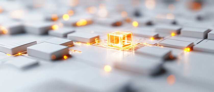 futuristic digital circuit with glowing elements and central illuminated cube, representing technology and innovation. intricate design s blend of light and structure, evoking sense of