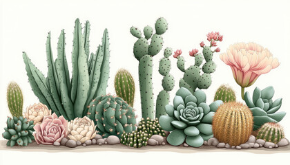 vibrant succulent garden featuring various cacti and succulents, diverse shapes and colors, with beautiful flower adding touch of elegance