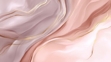Fototapeta premium Abstract liquid marble textures in soft pink, peach, and gold, smooth flowing forms, clean space for text