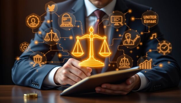 A man in a suit writing in a notebook, with glowing legal icons around him and a dark background, symbolizing the importance of law for business