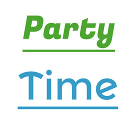 PARTY TIME text design with bold italic green and blue fonts, underlined and playful for festive, celebratory branding or commercial use in modern graphic design projects
