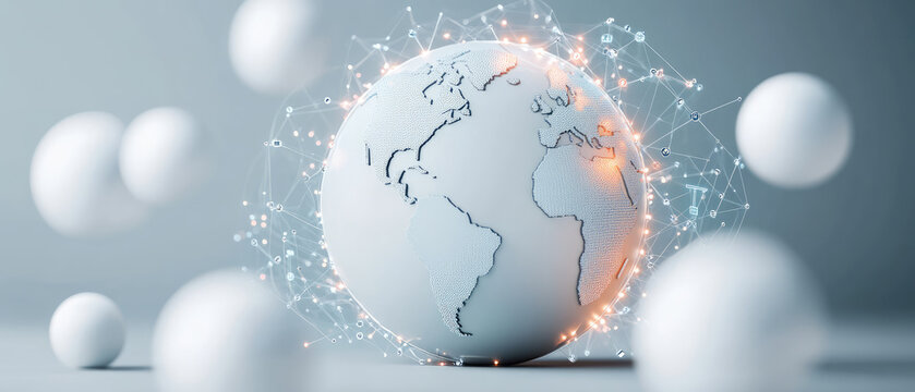 3D globe with interconnected lines and nodes, symbolizing global connectivity and technology. design features modern aesthetic with soft color palette, evoking sense of innovation and progress