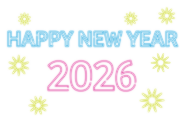 Colorful neon light bulb vector illustration sign with Happy New Year 2026 lettering, Christmas celebration card design and fun business symbol icon word text.