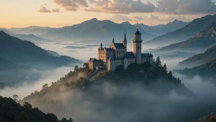 Obraz premium Majestic Castle Surrounded by Misty Mountains at Sunrise in a Tranquil Landscape
