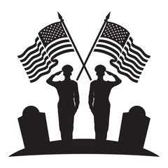Silhouette of a soldier saluting beside a tombstone and American flag. Minimalist black-and-white memorial design symbolizing honor, patriotism, and remembrance.