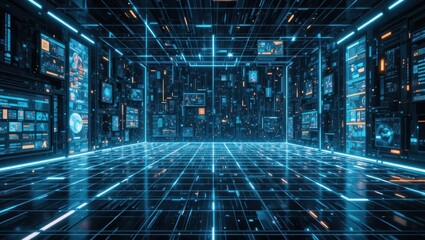 Futuristic Digital Environment With Neon Lights and Grid Patterns in a 3D Space
