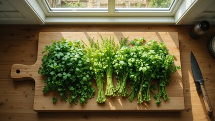 Freshly Cut Coriander Herbs on a Wooden Chopping Board in a Sunlit Kitchen
