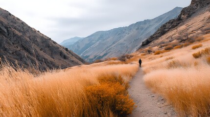 Solo Hiker Walking Along a Scenic Trail Surrounded by Rolling Hills and Golden Grasslands