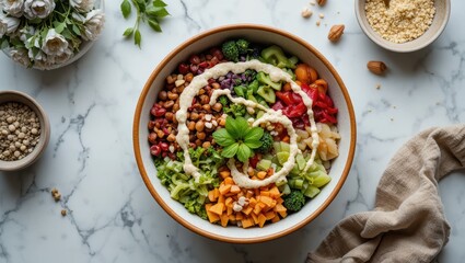 Vibrant Bowl of Healthy Salad with Fresh Vegetables and Creamy Dressing on Marble Table