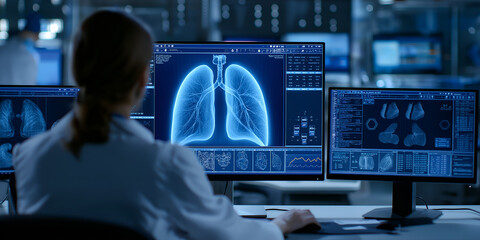 Female doctor analyzing lung imaging on futuristic monitors