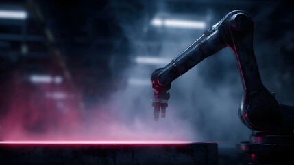 Industrial robot performing a precise task with neon edge lighting