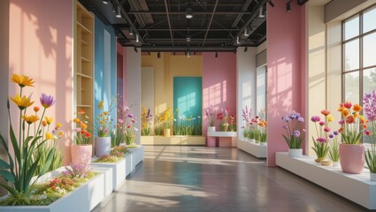 Bright and Colorful Floral Interior Design in Modern Space with Sunlight Streaming Through Windows