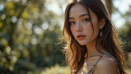 Natural Portrait of a Young Woman with Long Hair Surrounded by Lush Greenery and Soft Sunlight