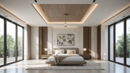 Modern Minimalist Bedroom Design with Large Windows and Natural Light Overlooking Scenic Landscape