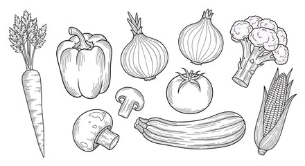Assorted Vegetable Engravings - Carrot, Pepper, Onion, Broccoli, Corn.