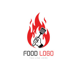 Food logo with spatula and flames isolated on white background featuring gourmet cuisine, fiery grill, chef kitchen, delicious meal, organic flavor, and restaurant cooking symbol.