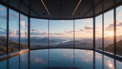 Panoramic View of a Serene Sunset over a Countryside Landscape from a Modern Glass Building