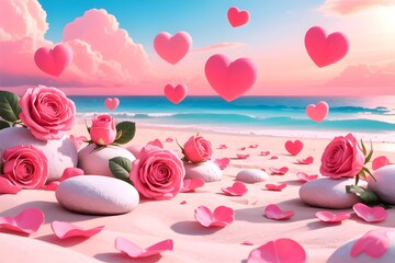 On the pink shoreline, a heart drawn in the sand is caressed by soft waves under a tranquil, dreamy sky