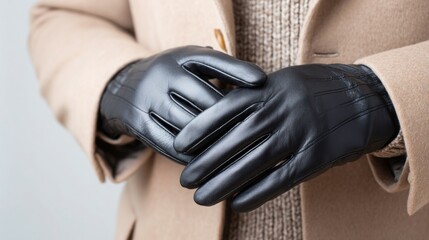 Close up of elegant black leather gloves on a man s hands, neutral beige background with space, luxury winter fashion detail shot